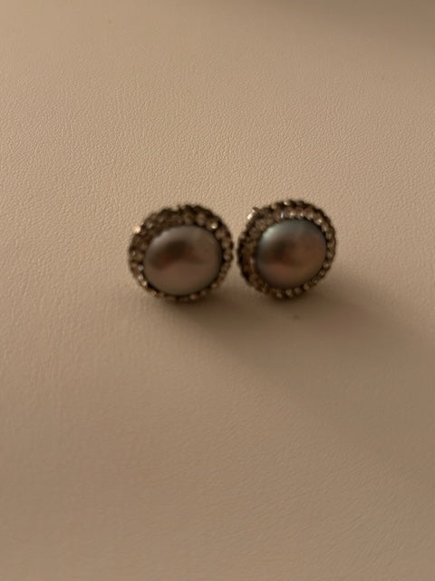 Sterling Grey Pearl Dazzle Button Earrings
