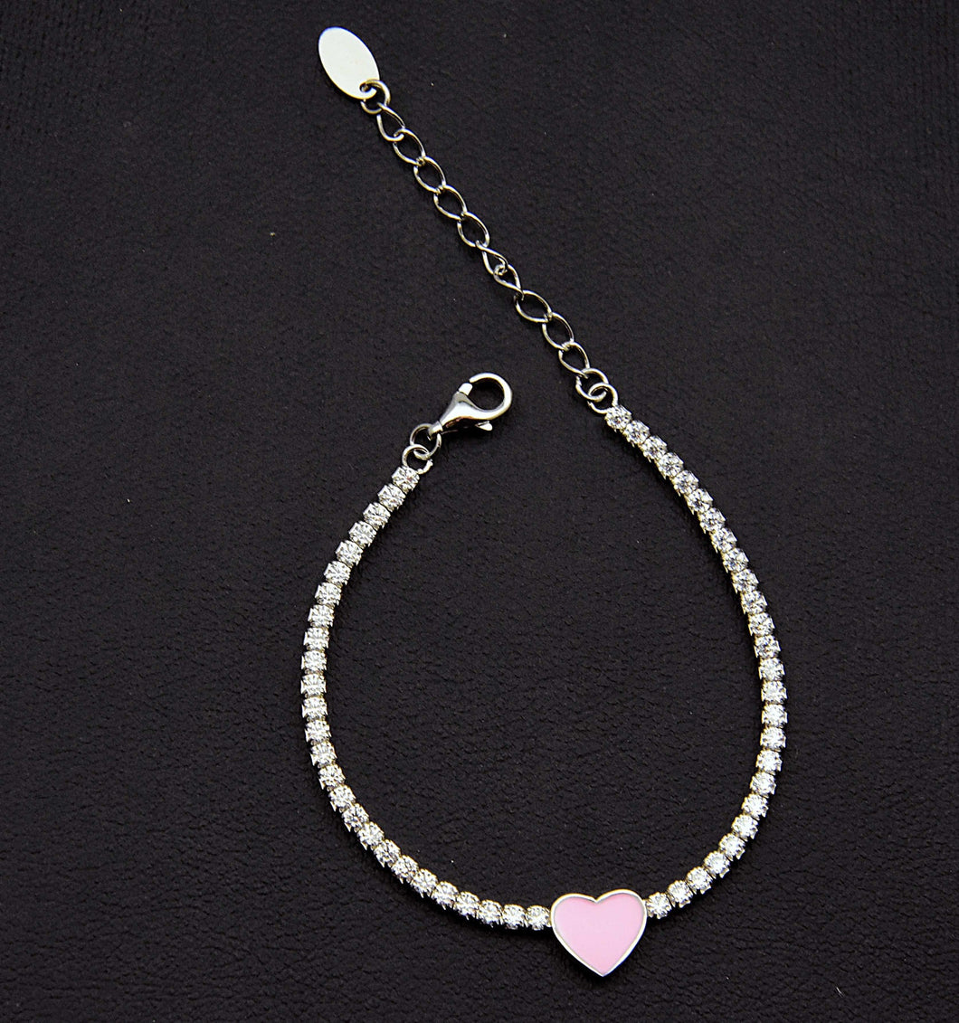 Sterling Enamel Heart Clear Stone Tennis Bracelet