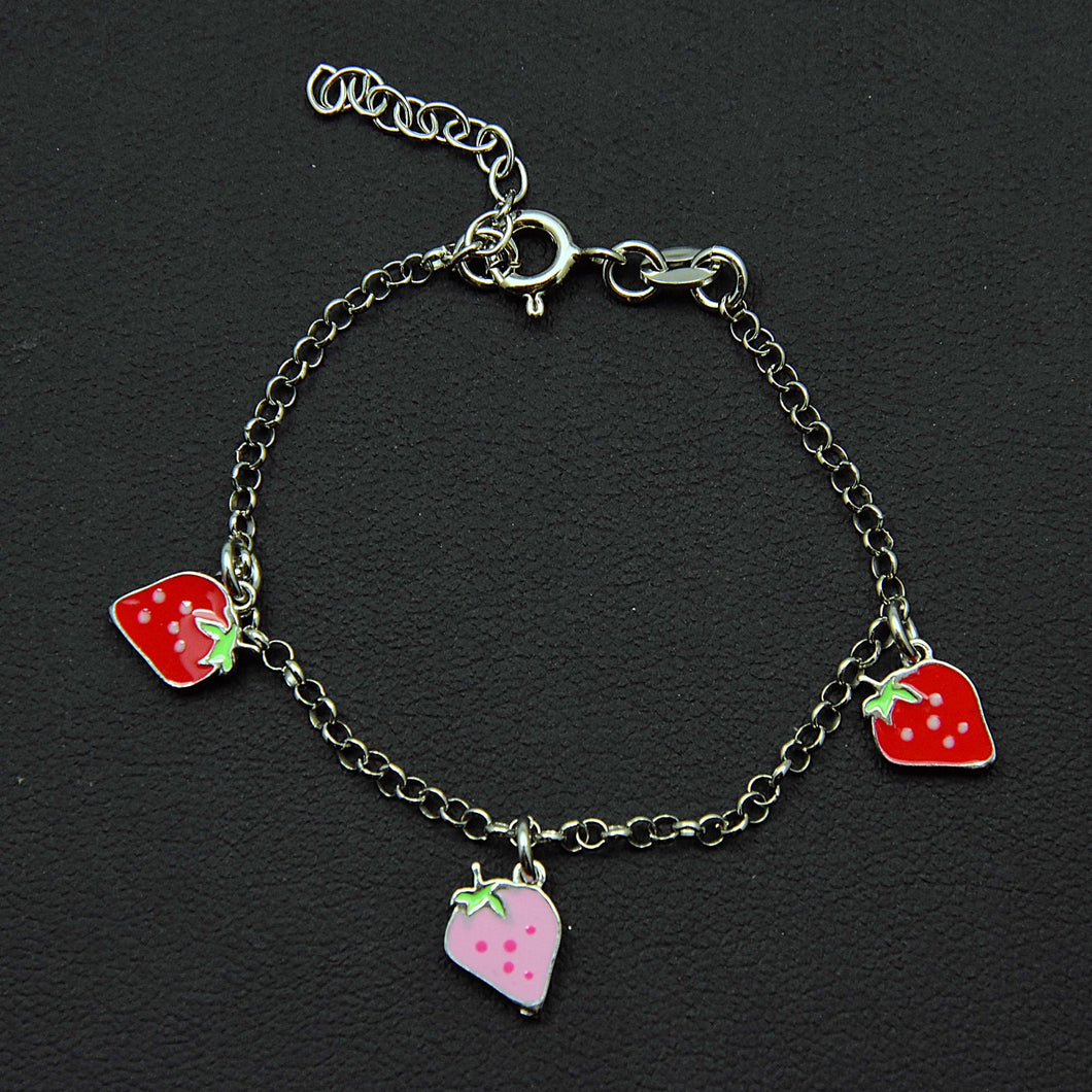 Sterling Enamel Strawberries Charm Bracelet