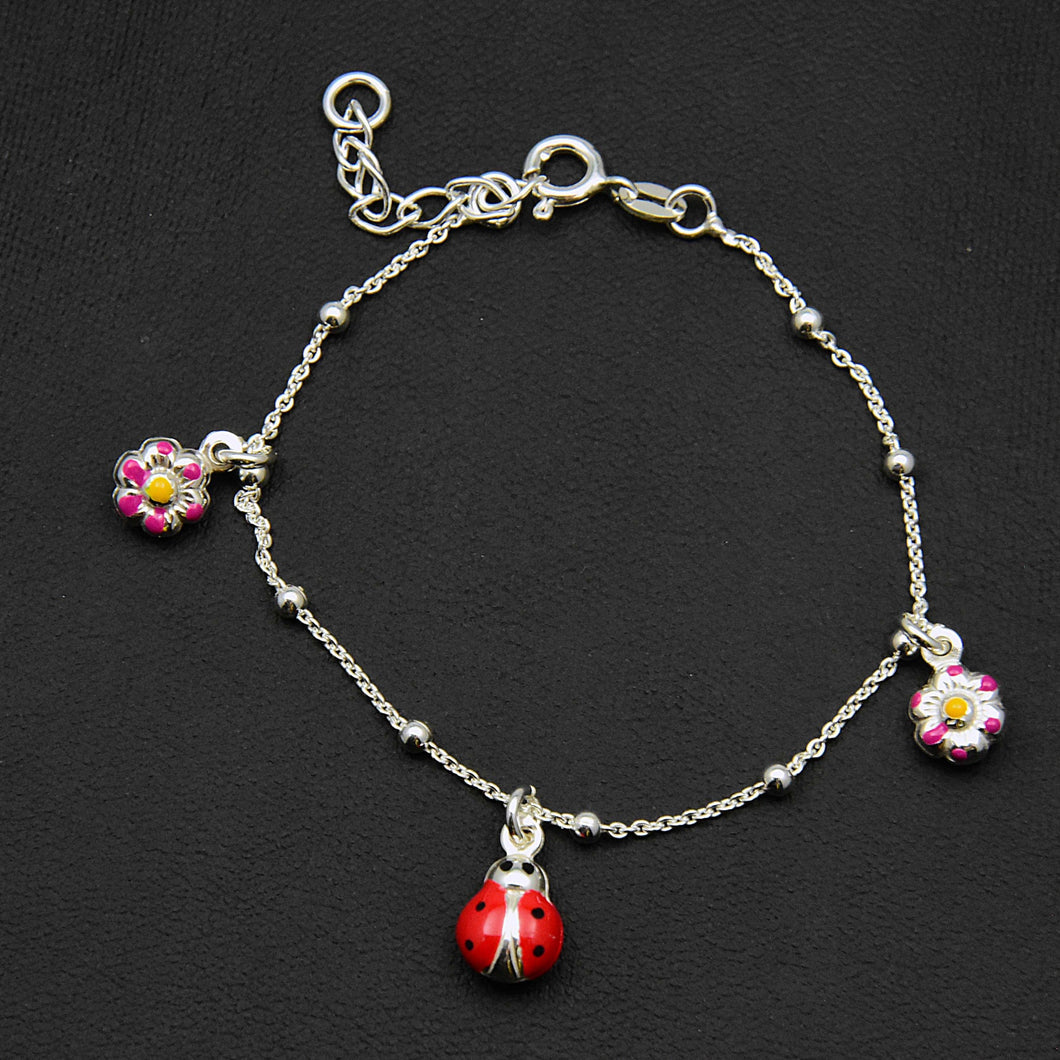 Sterling Enamel Ladybug/Flowers Charm Bracelet