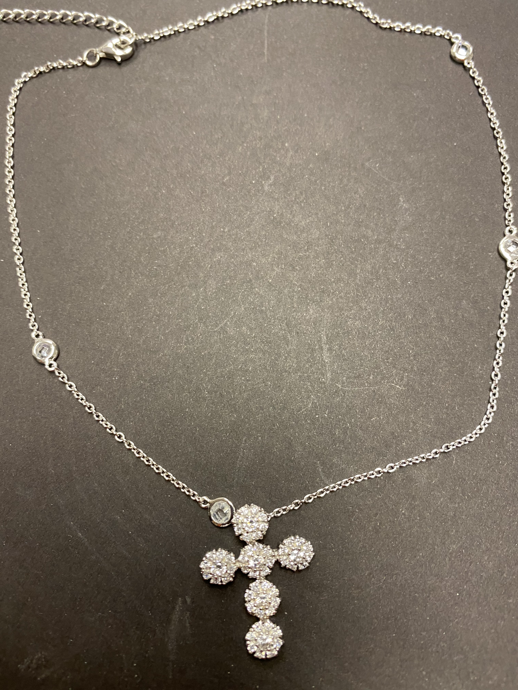 Sterling Clear Stone Station Cross Pendant Necklace