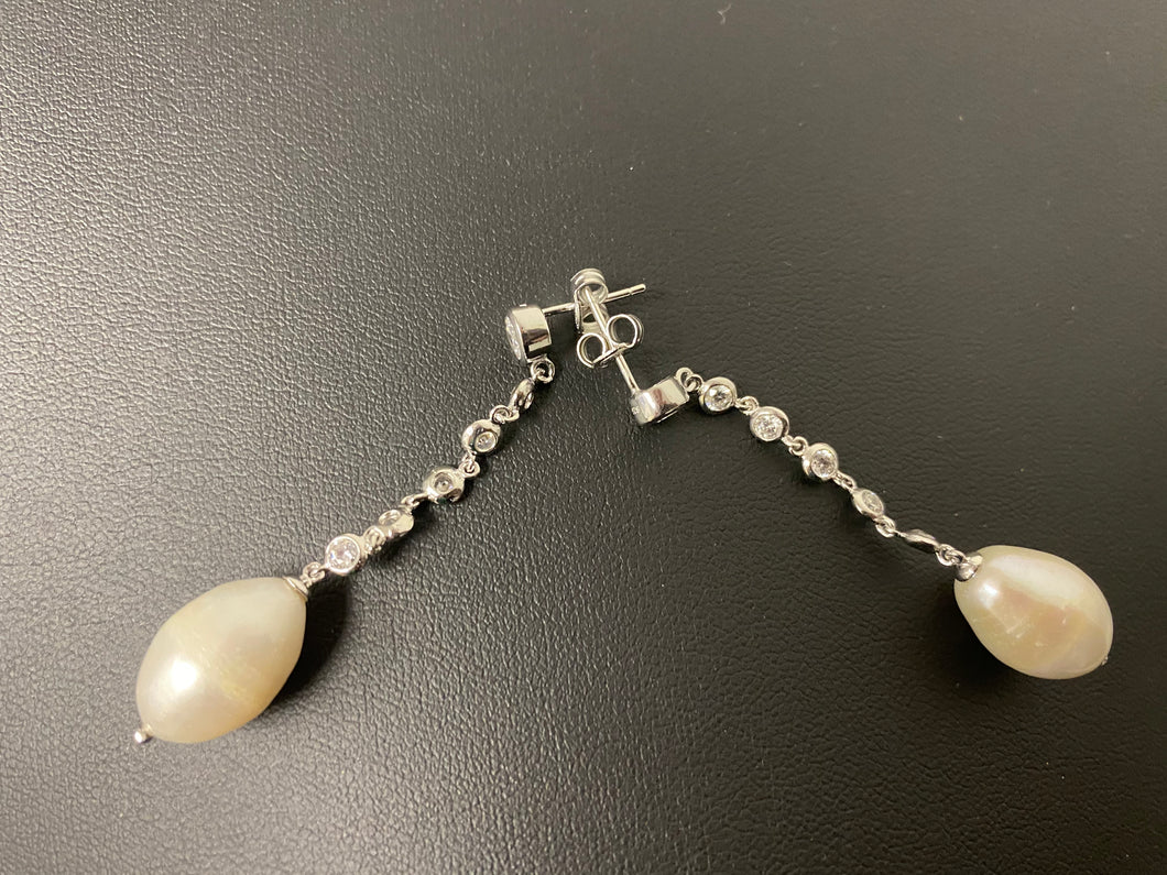 Sterling Pearl Clear Stone Long Hanging Earrings