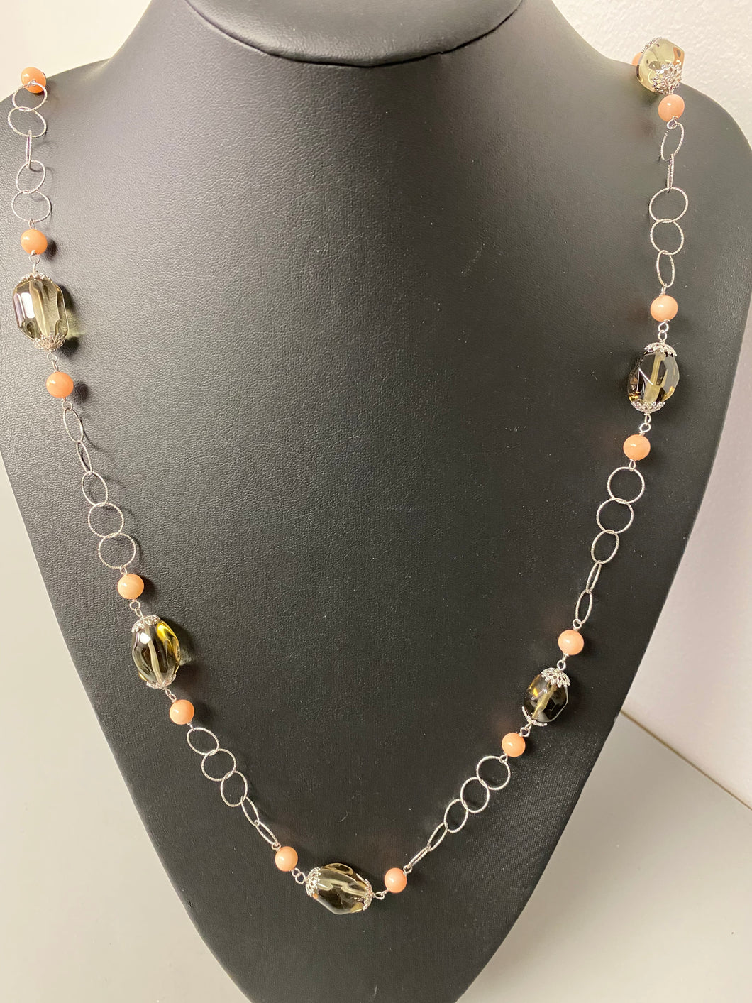 Sterling Coral Quartz Long Station Necklace