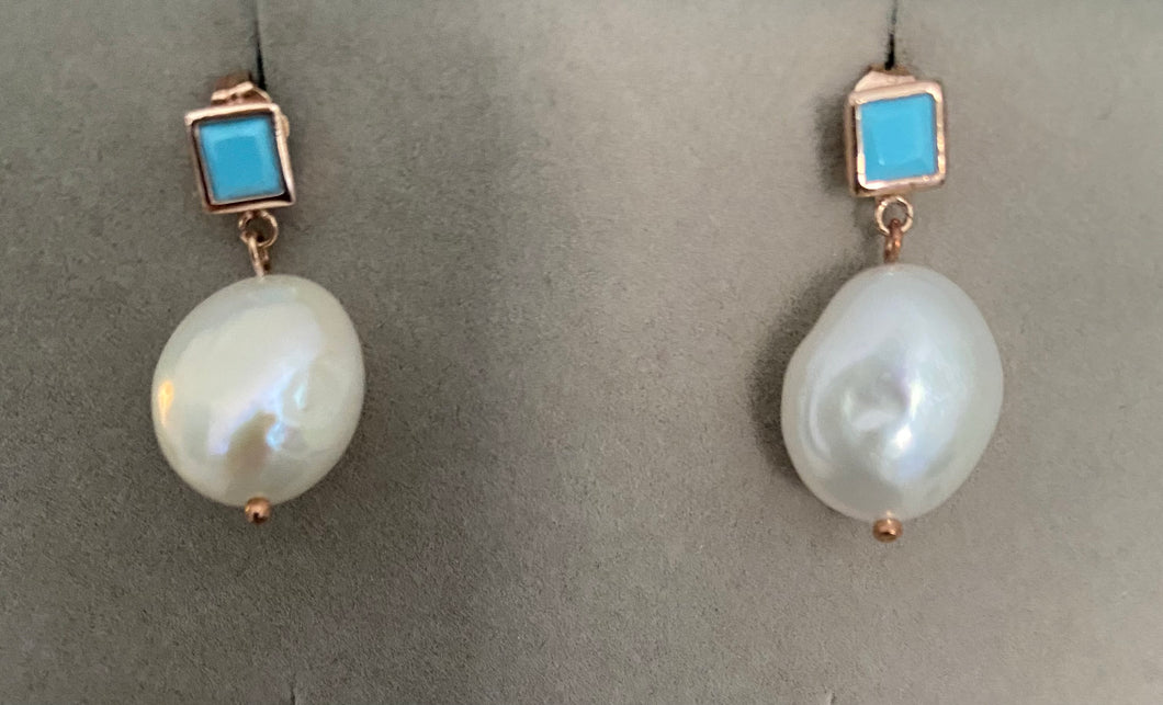 Rose Sterling Turquoise Pearl Hanging Earrings