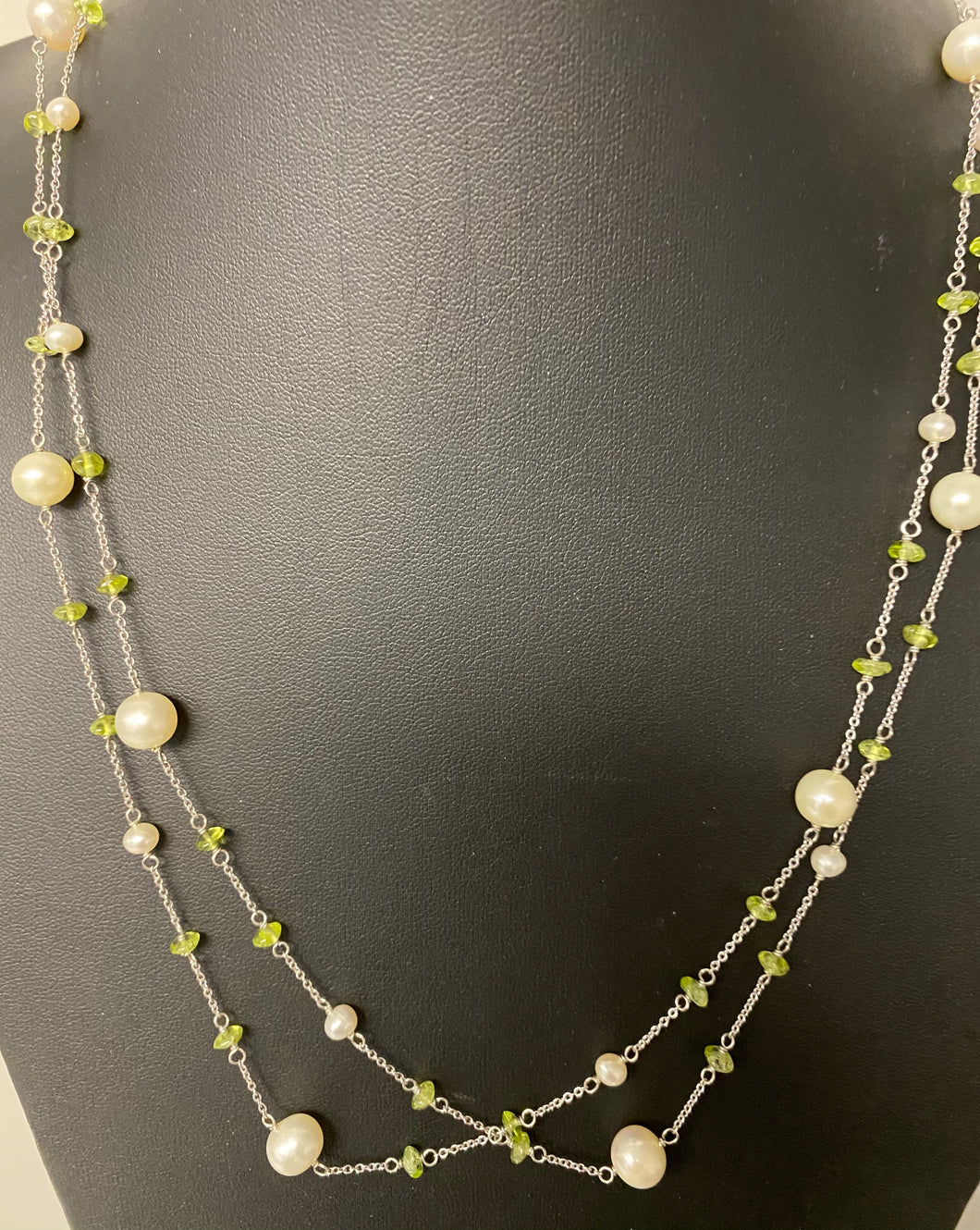 Sterling Pearl Peridot Long Station Necklace